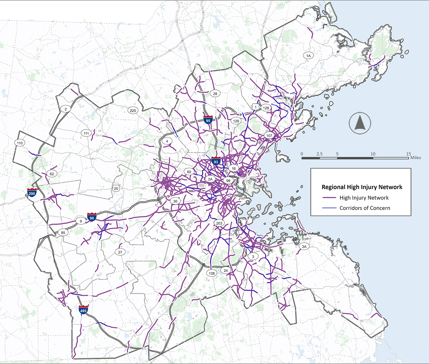 A map of the Boston area with the MPO region enclosed in a border. A Regional High Injury Network, consisting of highlighted high injury roadway segments and corridors of concern, is overlayed on the map. Most highlighted road segments are in the city of Boston, communities to the immediate north, and stretching along major roads to the northeast. There are also notable clusters around Waltham, Framingham, Marlborough, and Quincy/Weymouth